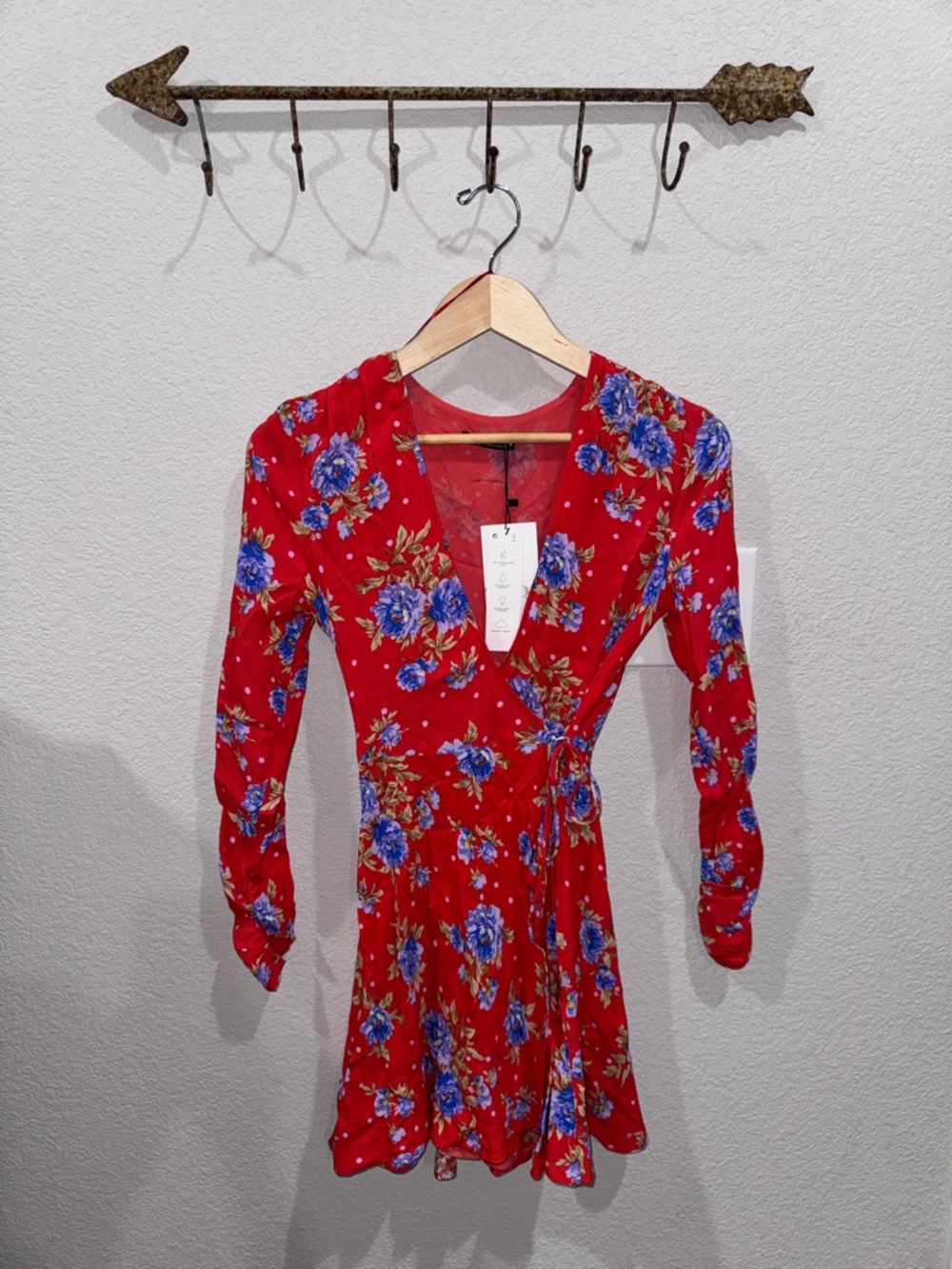 Zara Red Wrap Mini Dress with Blue Floral Print